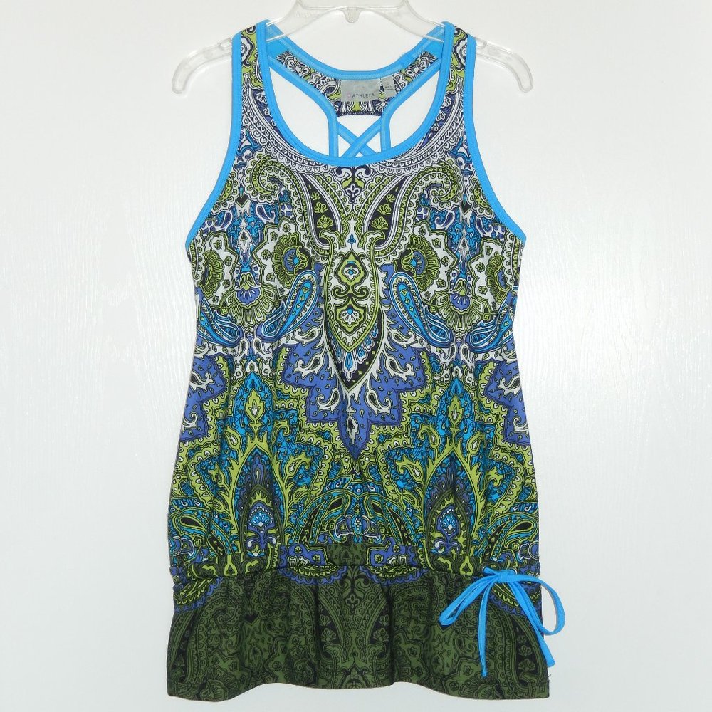 New Athleta Tank Top Paisley X Back Drop Waist Blue Green Small